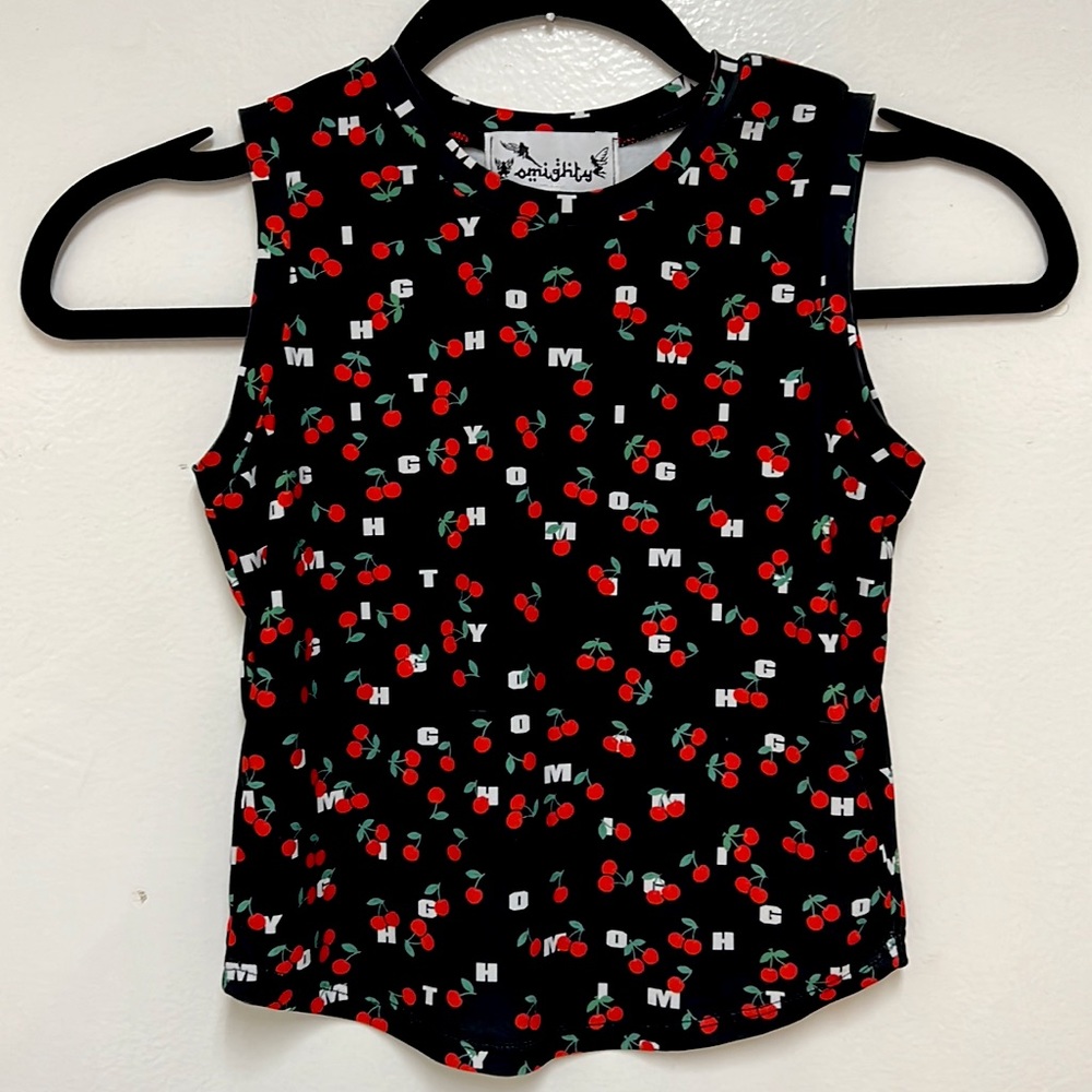 Omighty Black Top with Red Cherries Print Size Small